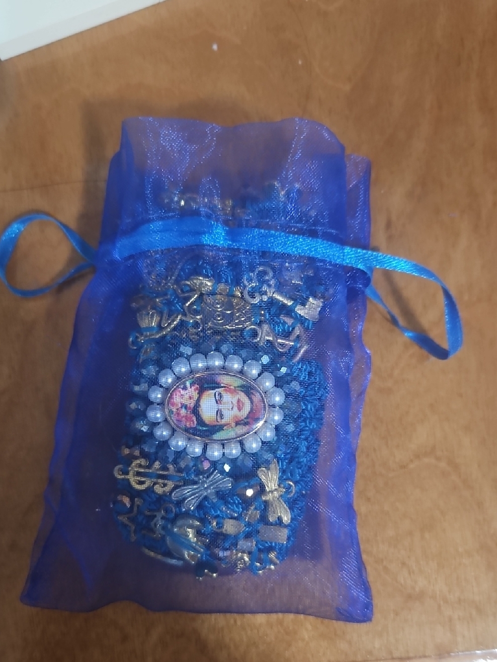 Frida Khalo Blue Crochet Charm Bracelet with Gold Accents - Picture 8 of 8